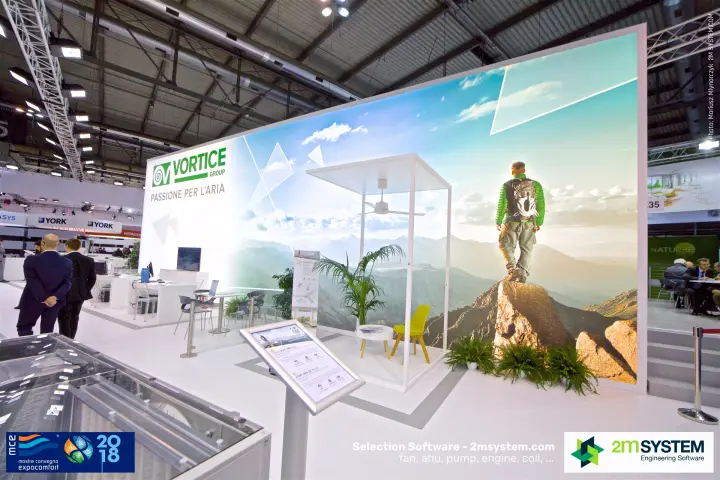 Vortice backlit mountain wall with a ceiling fan displayed in a white frame cube at MCE 2018