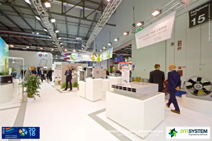 Vortice fan display with axial fans beside the Hall 15 sign at MCE 2018