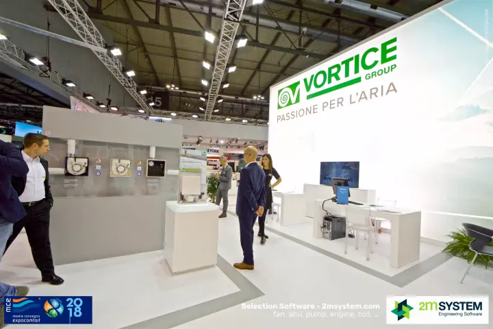 Vortice Group illuminated logo above meeting desks and a ventilation display wall at MCE 2018