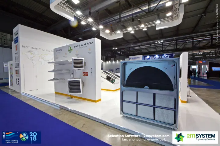 VTS stand side with Wing air curtains, Volcano heaters and a rotary wheel at MCE 2018