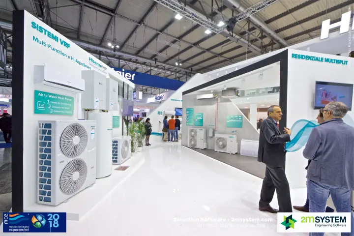 Walkway on the Hisense stand between VRF heat pump wall and multisplit room at MCE 2018