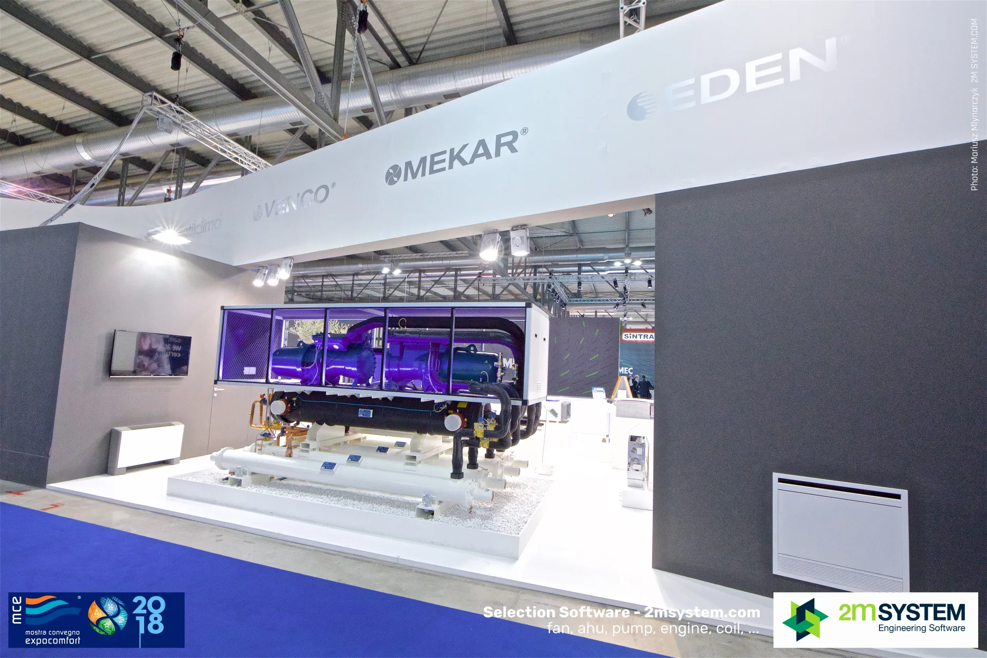 Water-cooled chiller with purple-lit glass casing on the Mekar, Venco and Eden stand at MCE 2018