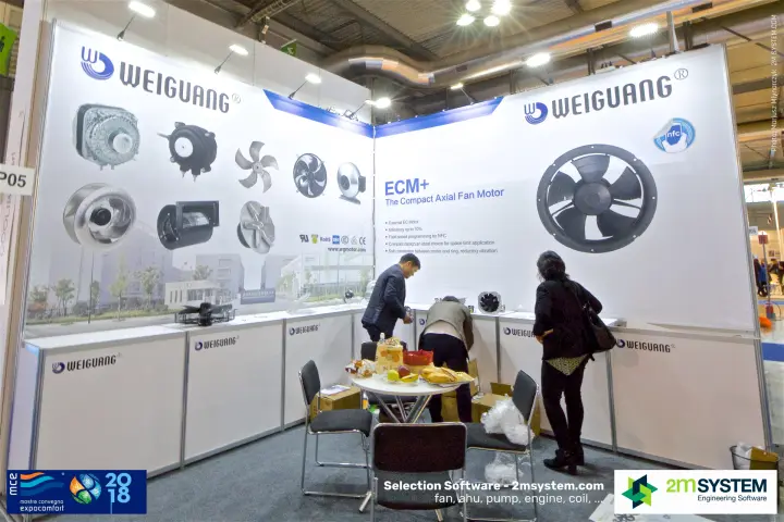 Weiguang stand promoting the ECM+ compact axial fan motor at MCE 2018