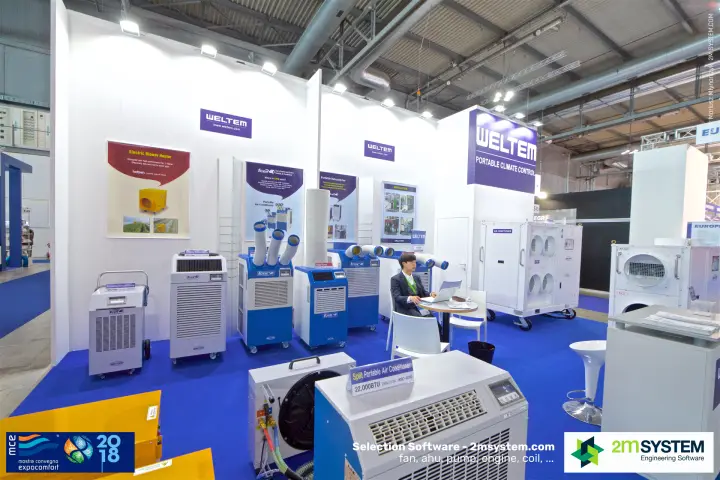 Weltem stand with portable spot coolers, dehumidifiers and heaters at MCE 2018
