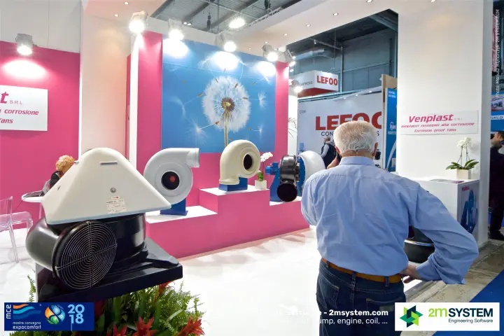 White-cowled plastic roof fan in front of the Venplast display steps at MCE 2018