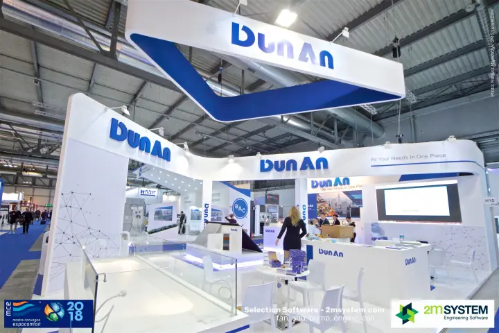 White DunAn stand under a curved blue-and-white suspended sign