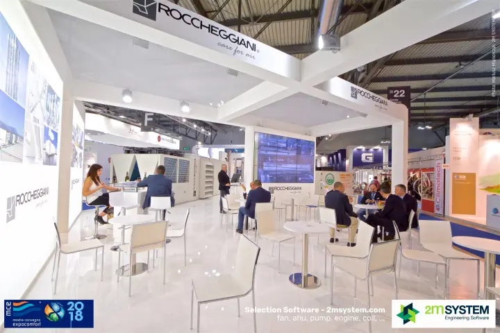 White lounge and video wall inside the Roccheggiani stand