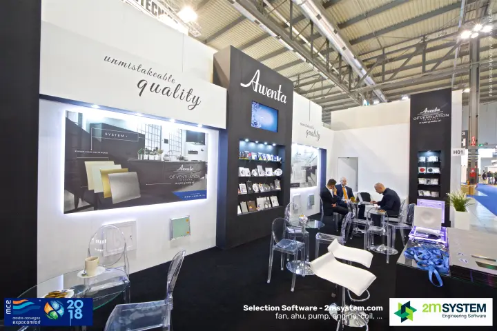 Wide view along the Awenta stand with bar stools and lanyards on counter at MCE 2018