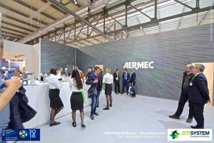 Wide view of the busy Aermec hospitality bar and logo wall at MCE 2018