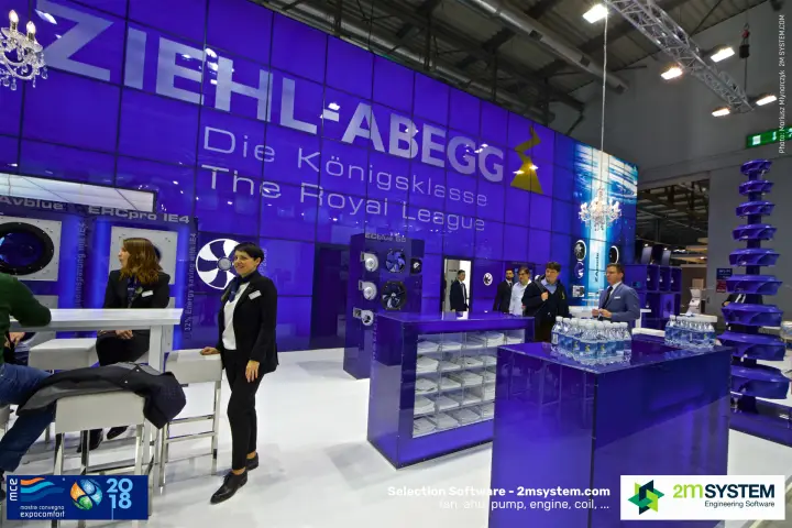 Wide view of Ziehl-Abegg literature counters and impeller tower at MCE 2018