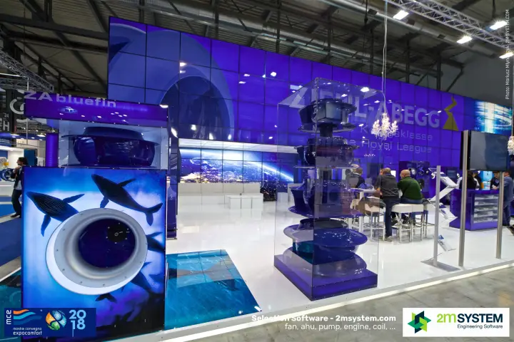 Ziehl-Abegg ZAbluefin fan display and stacked impellers in glass case at MCE 2018