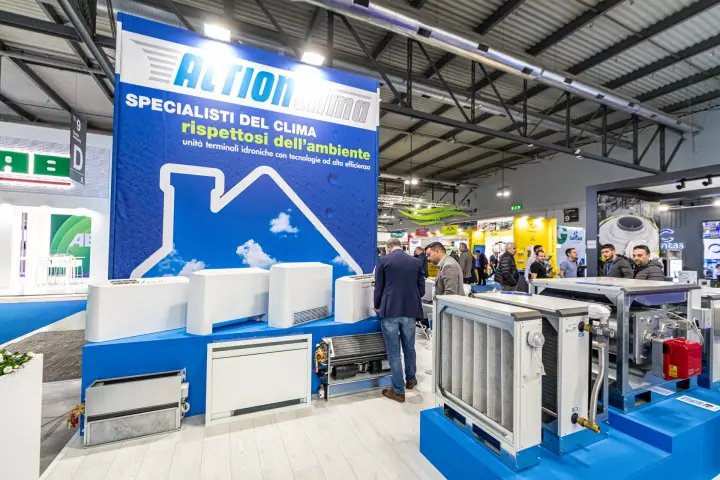 Action Clima fan coil range with open chassis and modular coil sections at MCE 2024