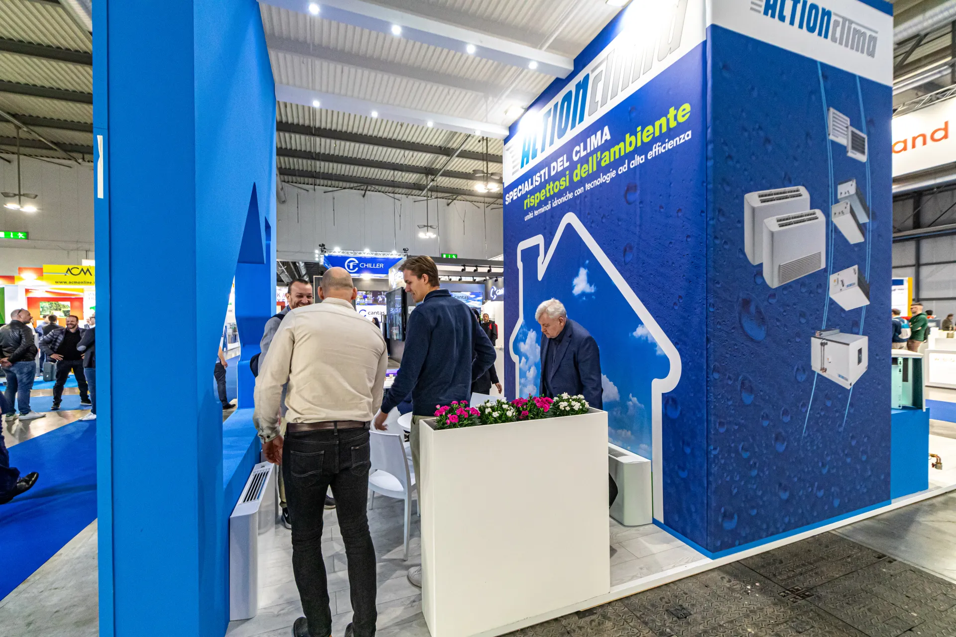 Action Clima tower with hydronic terminal unit graphics and slogan at MCE 2024