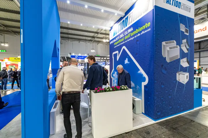Action Clima tower with hydronic terminal unit graphics and slogan at MCE 2024
