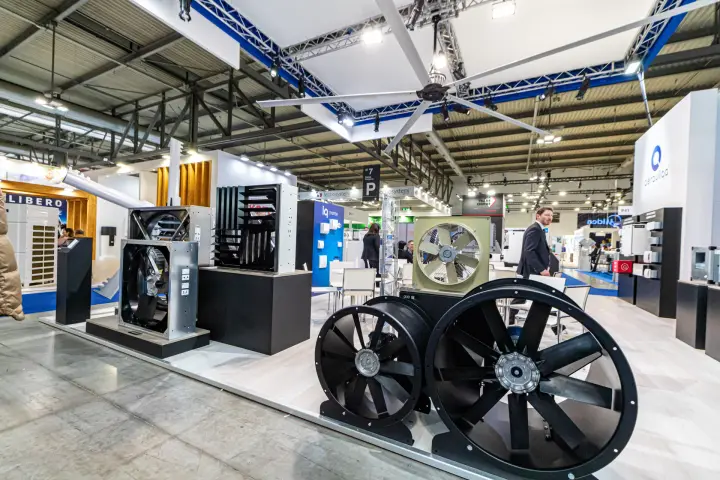 Aerauliqa axial duct fans, wall fans and HVLS ceiling fan on the stand front