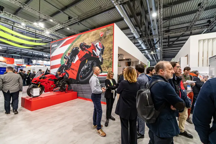 Aermec Ducati 'Official Supplier 2024' display with superbike on plinth at MCE 2024