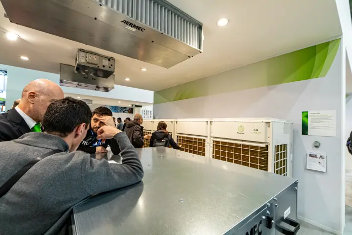 Aermec R32 inverter outdoor units below ceiling-mounted ducted units at MCE 2024