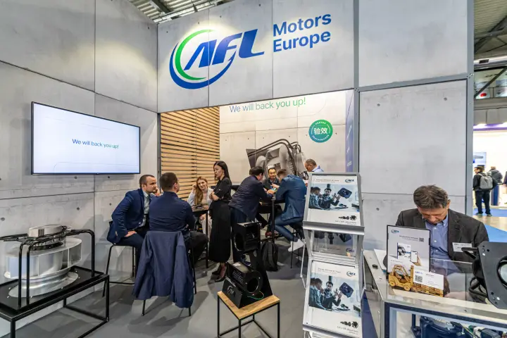AFL Motors Europe meeting nook with impeller and brochure rack
