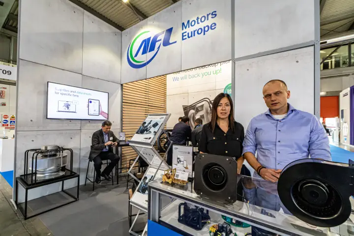 AFL Motors Europe stand with centrifugal fans and motor control boards at MCE 2024