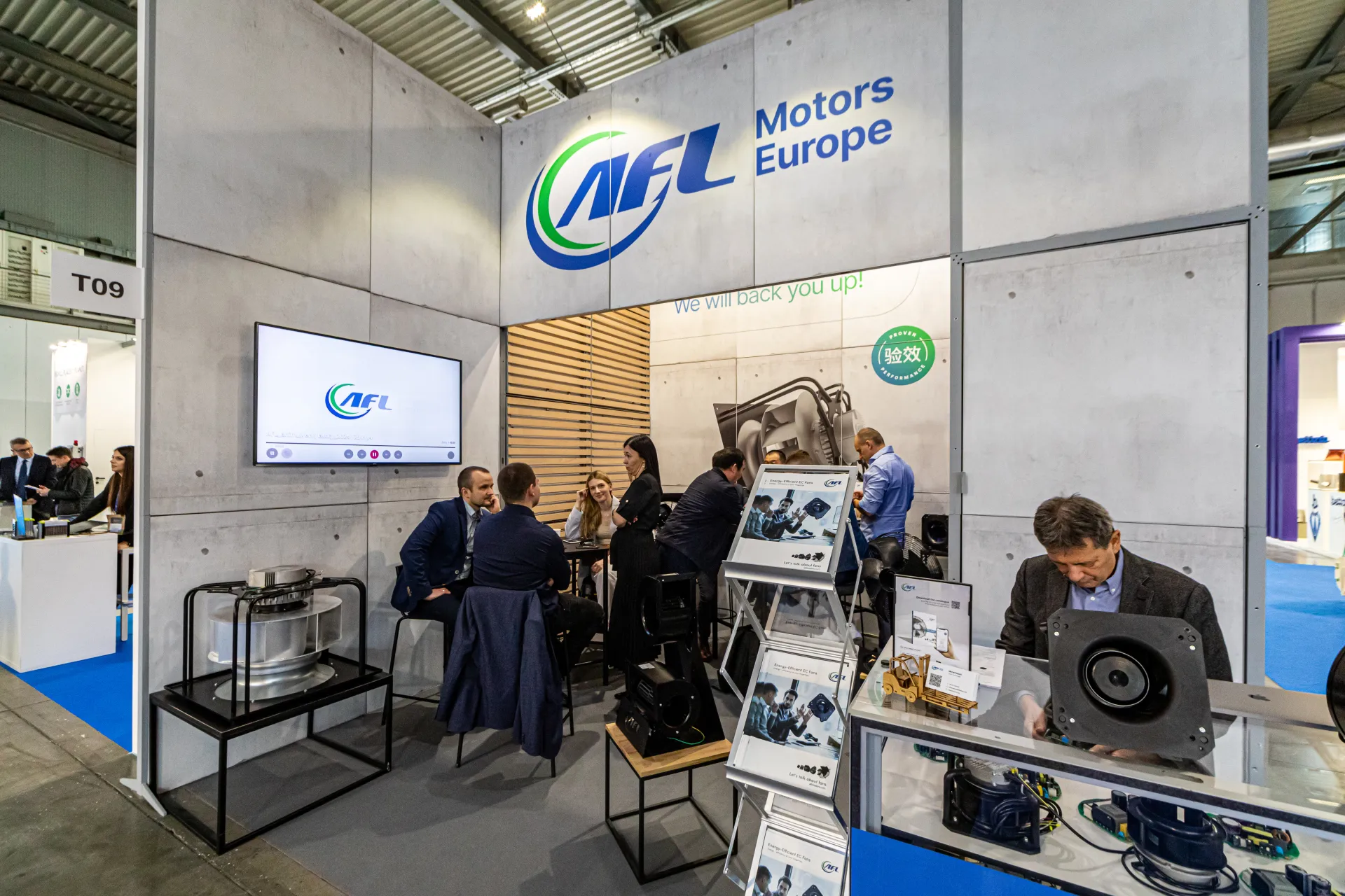 AFL Motors Europe stand with EC fan displays and meeting area at MCE 2024