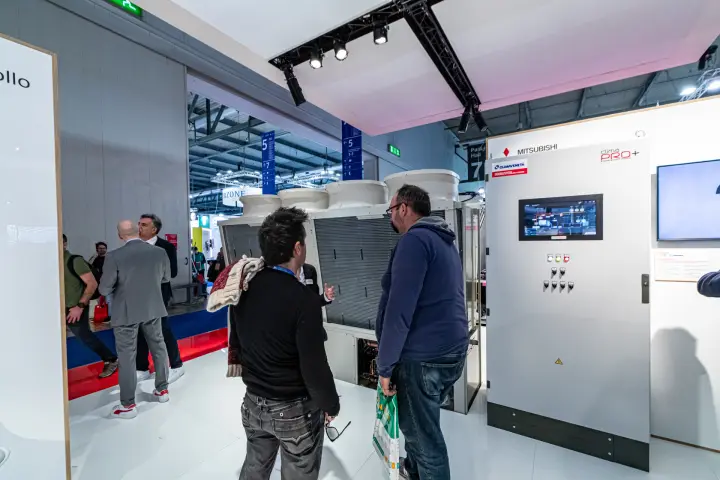 Air-cooled chiller and Climaveneta climaPRO+ cabinet on the Mitsubishi Electric stand at MCE 2024
