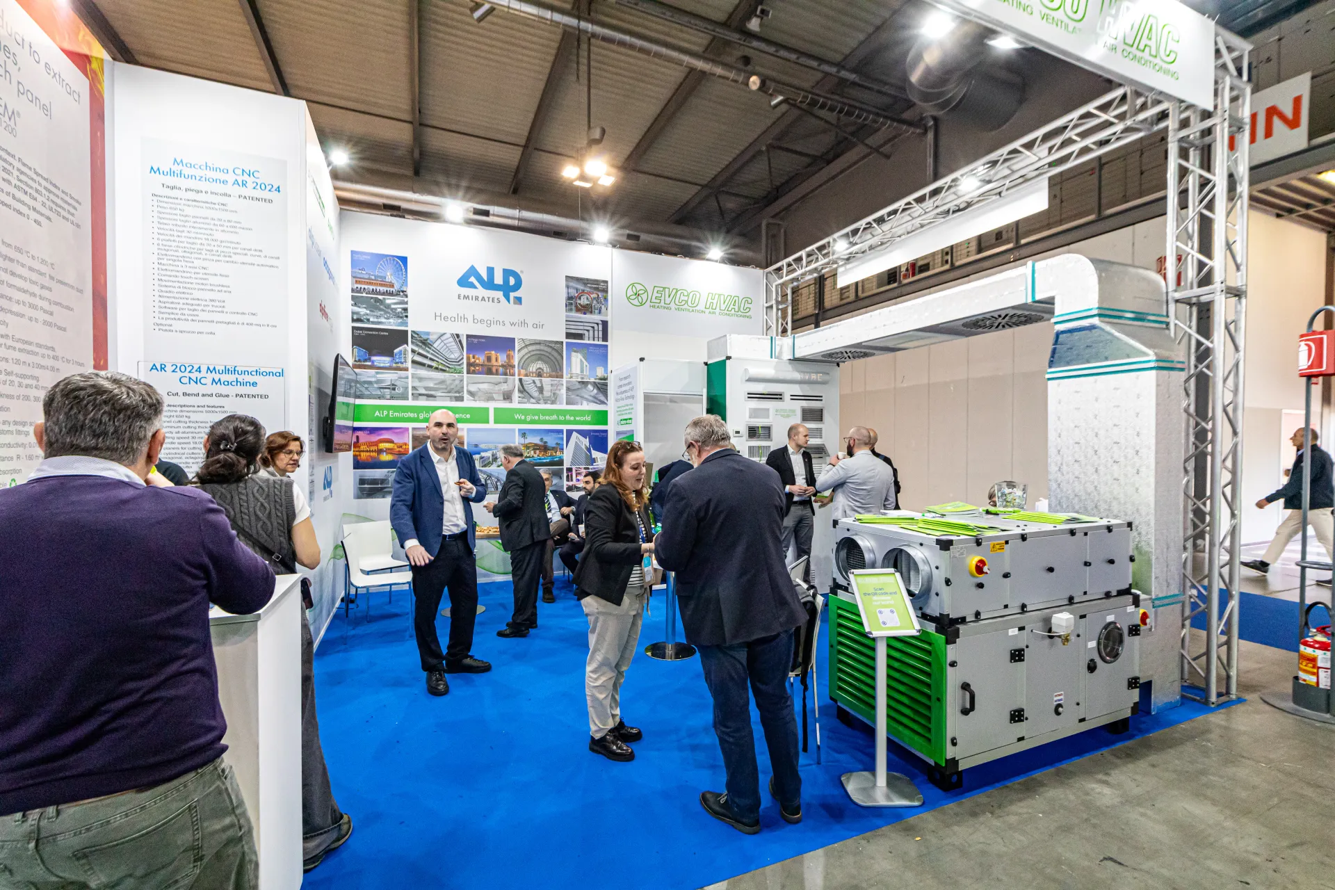 ALP and EVCO HVAC stand with green-panelled air handling unit at MCE 2024