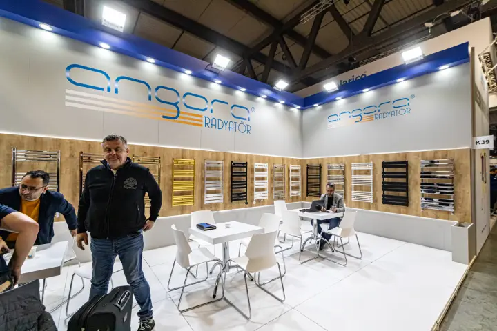 Angora Radyatör meeting area facing the towel radiator display at MCE 2024