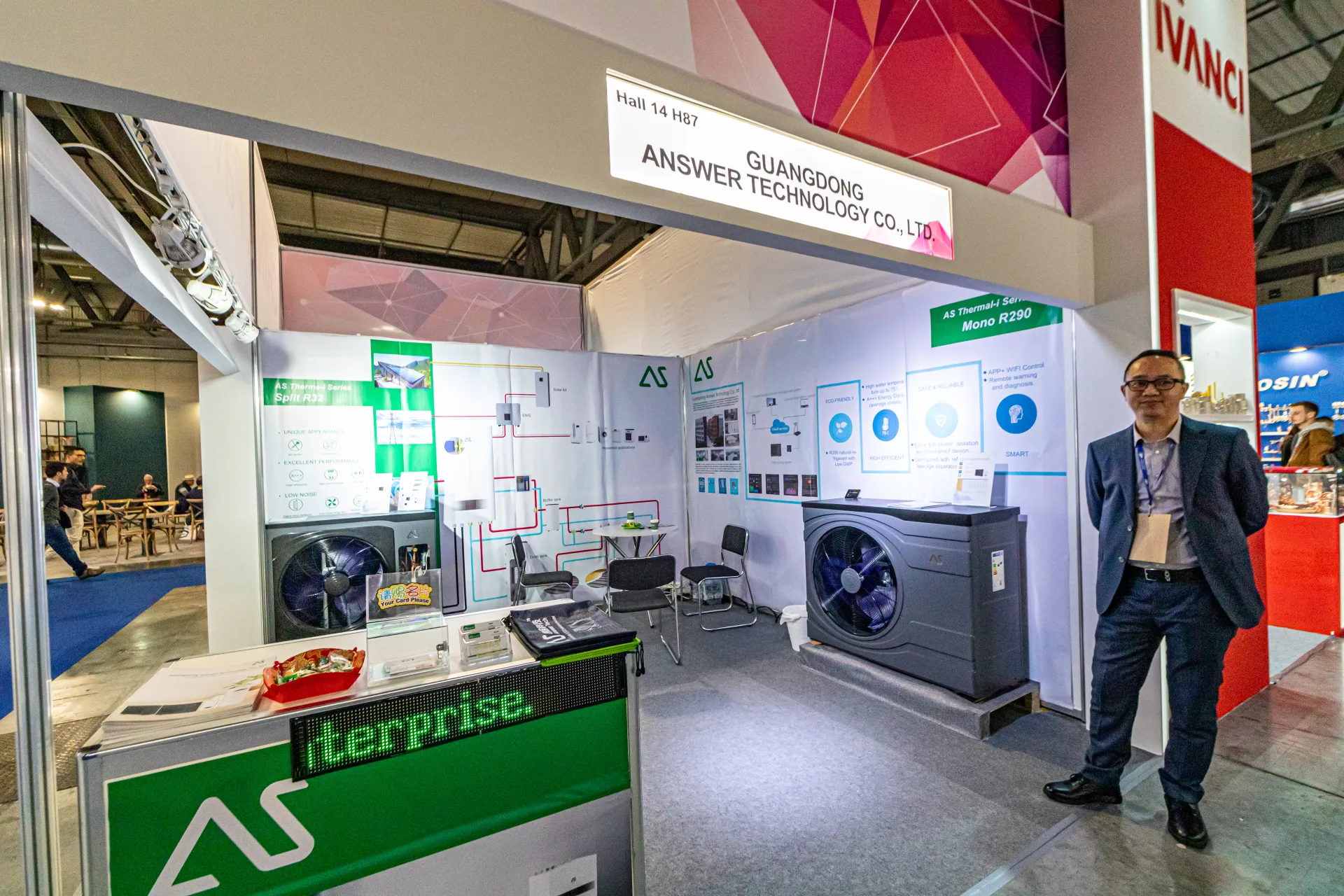 Answer Technology booth with AS Thermal-I R290 and R32 heat pumps at MCE 2024