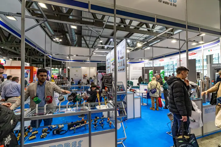 Antares glass showcase of circulators, valves and brass fittings