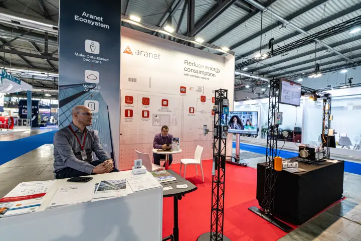 Aranet IoT brochures and 'Reduce energy consumption' wall
