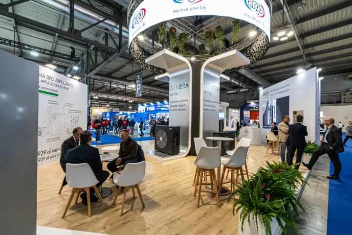 Argo stand with Genera heat pump columns under an 'improve your life' ring at MCE 2024