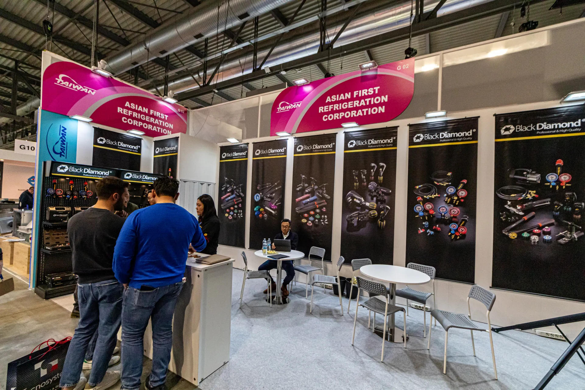 Asian First Refrigeration stand with Black Diamond HVAC tool posters at MCE 2024