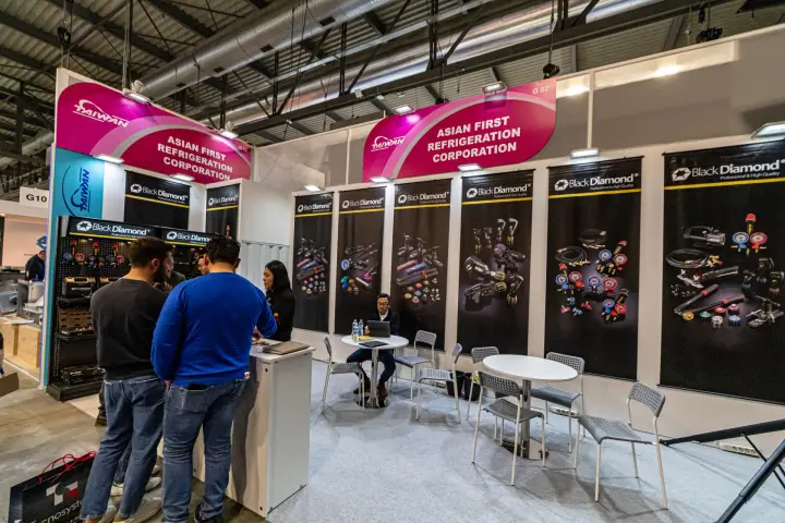 Asian First Refrigeration stand with Black Diamond HVAC tool posters at MCE 2024