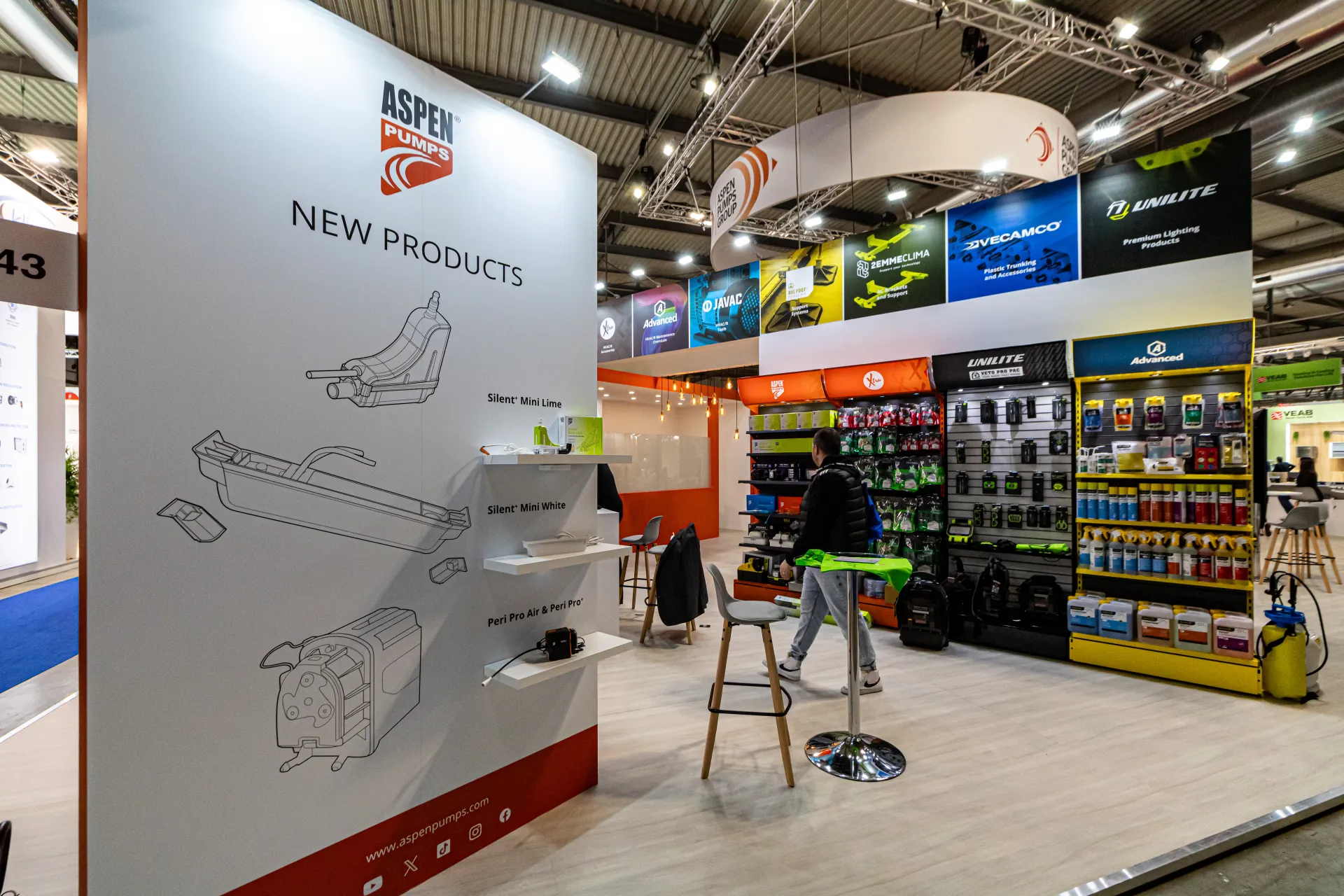 Aspen Pumps 'New Products' wall with Silent+ Mini and Peri Pro pumps at MCE 2024