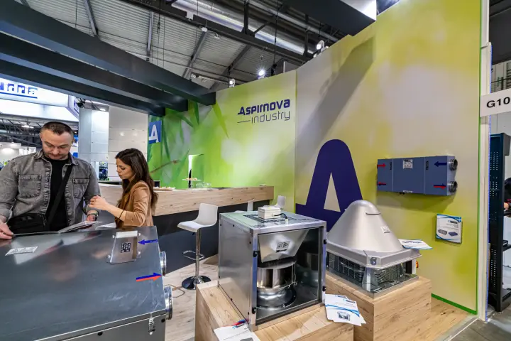 Aspirnova Industry cabinet fan and roof fan beside a wall-mounted unit at MCE 2024