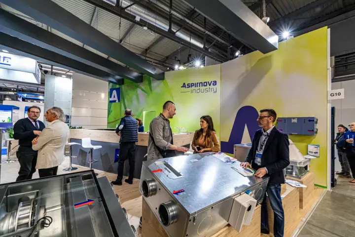 Aspirnova Industry heat recovery units on wooden plinths at stand G10 at MCE 2024