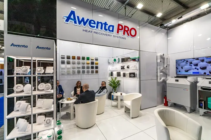 Awenta PRO lounge with bathroom fan shelving and colour swatch wall at MCE 2024
