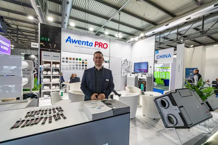 Awenta PRO reception counter with heat recovery units and colour swatches at MCE 2024