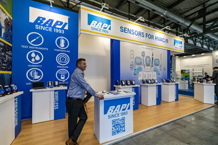 BAPI counter with QR code and sensor category icon wall at MCE 2024