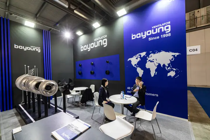 Bayoung meeting area beside a row of impellers and an axial fan rotor at MCE 2024