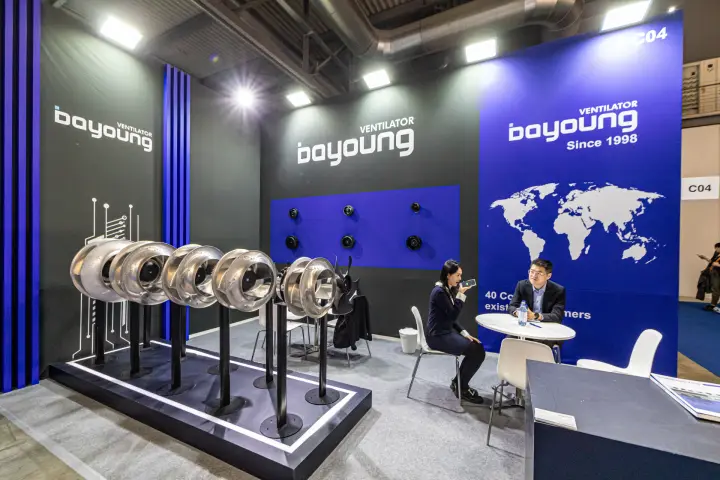 Bayoung stand C04 with backward-curved impellers on a white-edged plinth at MCE 2024