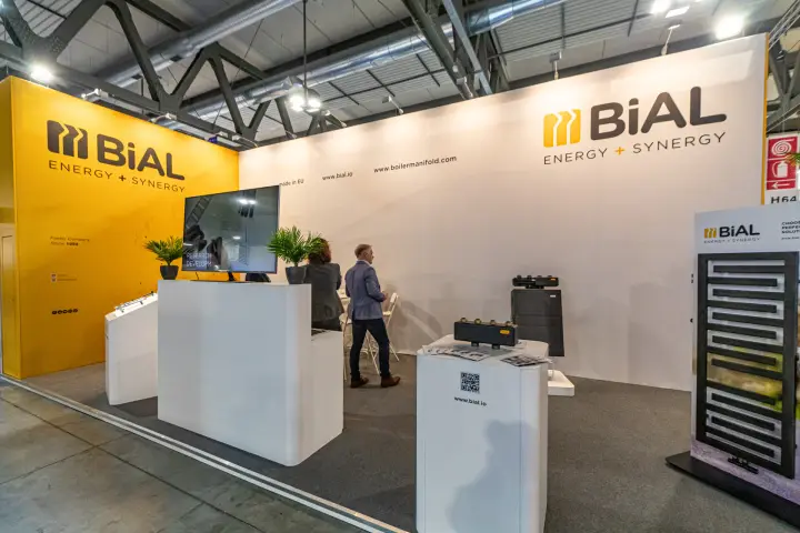 BiAL Energy + Synergy stand with hydraulic separators and a designer radiator at MCE 2024