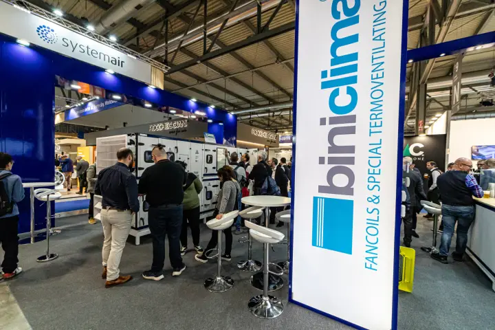 Biniclima pillar facing a Roccheggiani air handling unit at the Systemair stand at MCE 2024