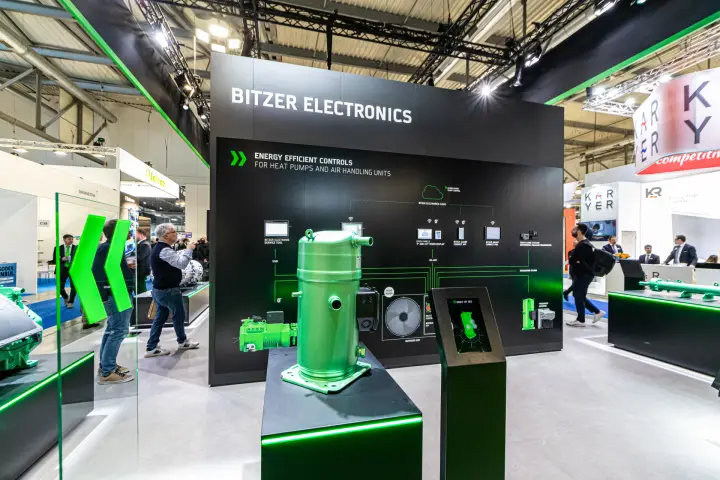Bitzer Electronics wall with controls diagram and vertical compressor at MCE 2024
