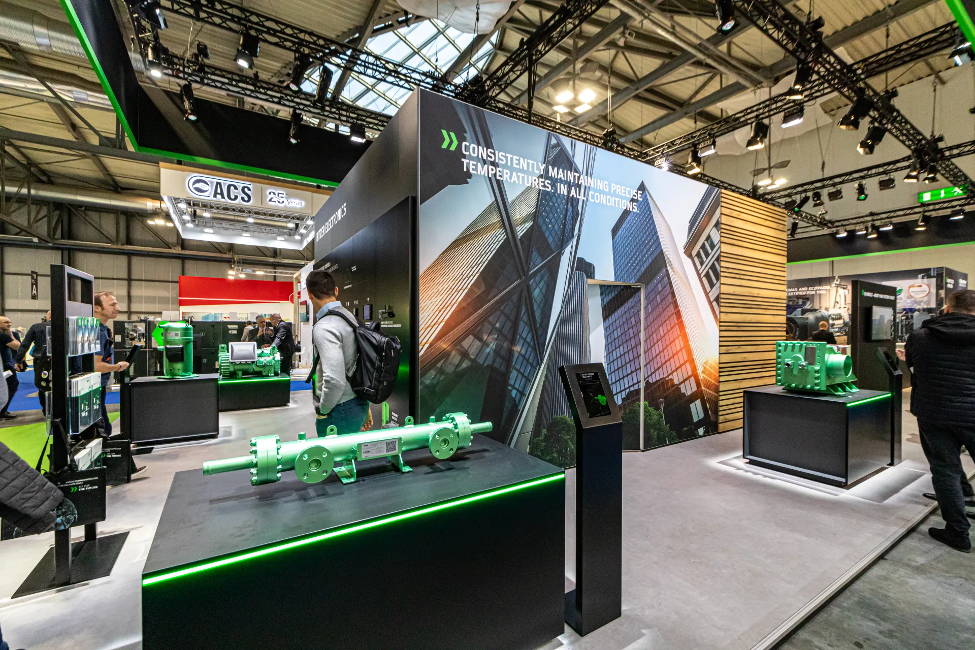 Bitzer stand with green compressors and a shell-and-tube heat exchanger at MCE 2024