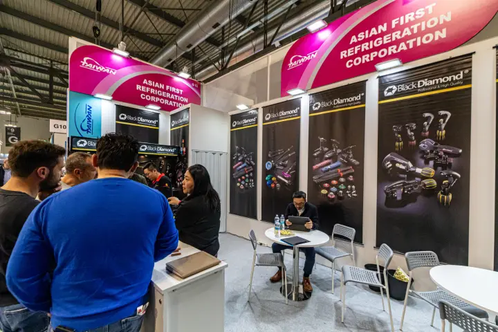 Black Diamond tube cutter posters at the Asian First Refrigeration stand at MCE 2024