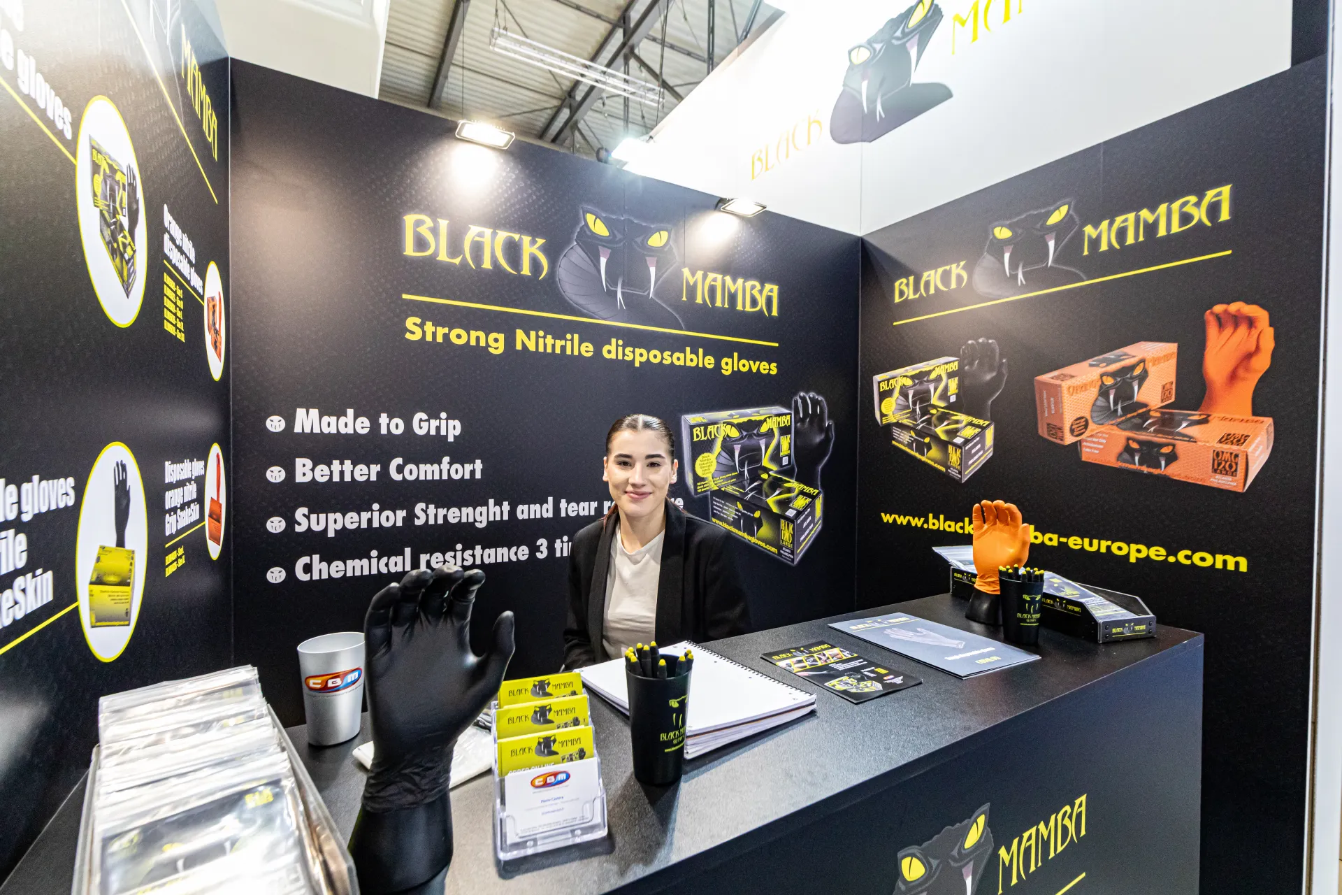 Black Mamba nitrile disposable gloves counter at the CBM stand at MCE 2024