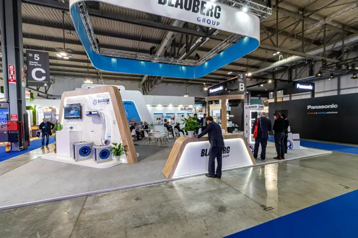 Blauberg Group stand with box duct fans under a ring banner