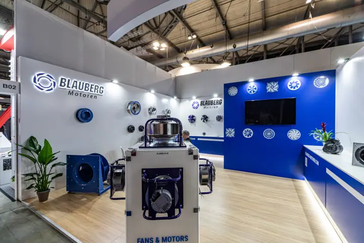 Blauberg Motoren stand with centrifugal fans on a "Fans & Motors" column at MCE 2024