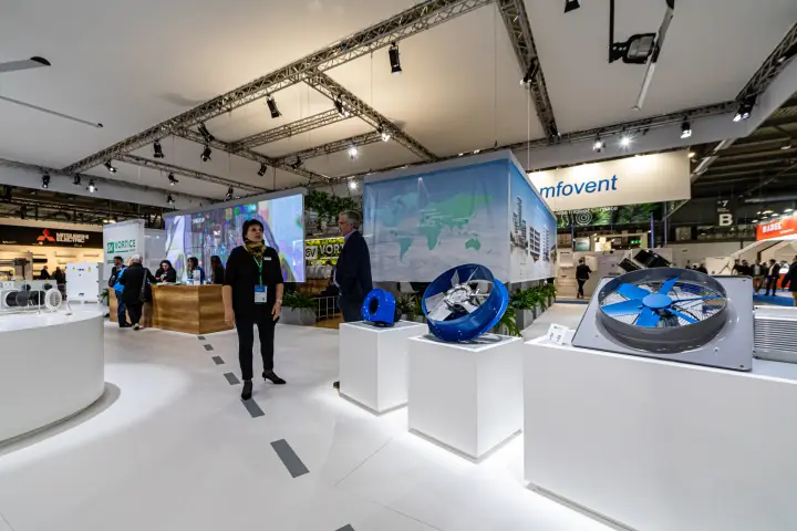 Blue axial and centrifugal fans at the Vortice stand at MCE 2024